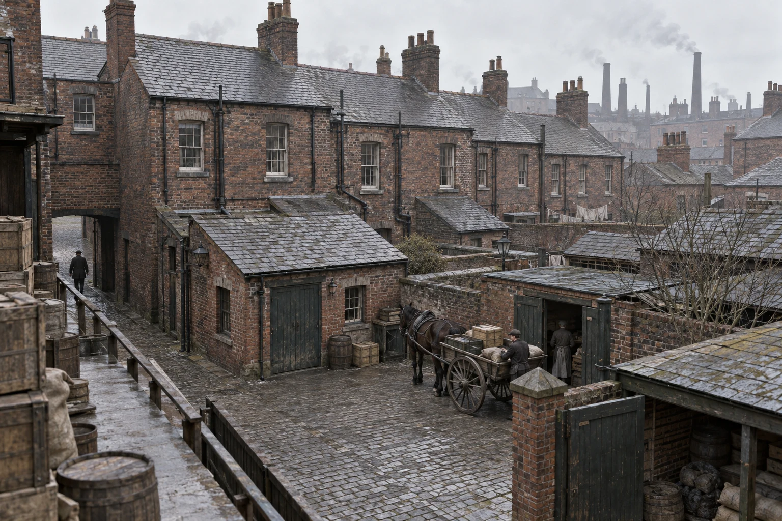 Back Streets & Courts, c. 1908; AI-generated historical interpretation set in Britain.
