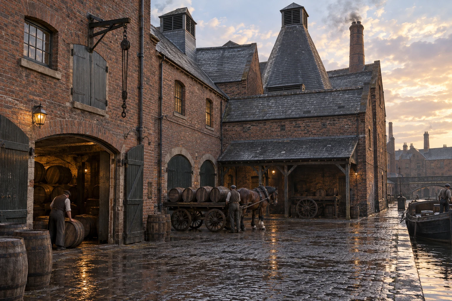 Breweries & Maltings, c. 1880; AI-generated historical interpretation set in Britain.