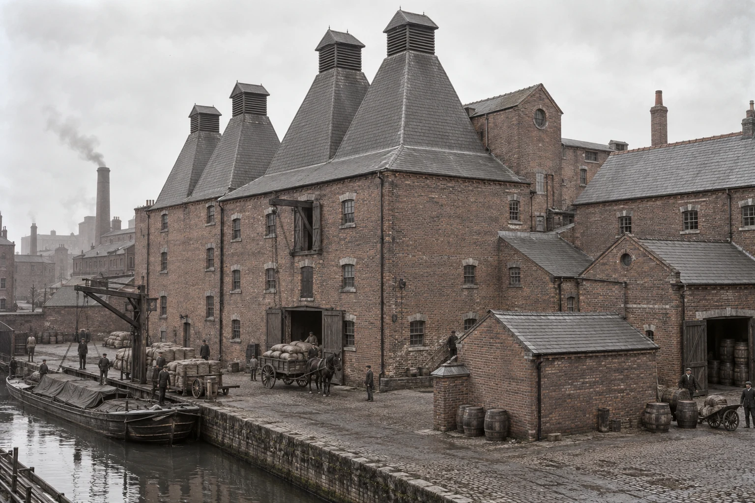 Breweries & Maltings, c. 1899; AI-generated historical interpretation set in Britain.