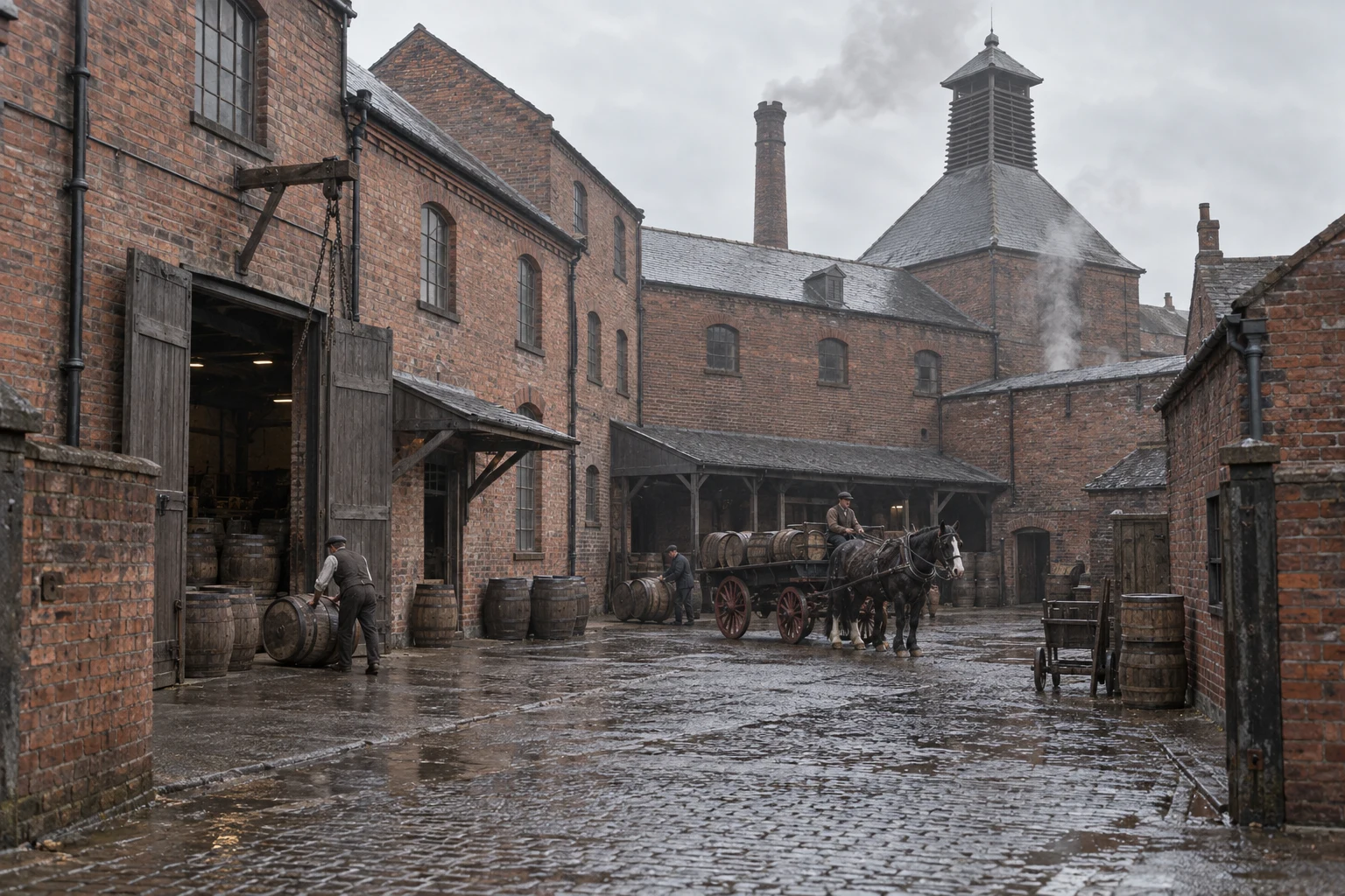 Breweries & Maltings, c. 1904; AI-generated historical interpretation set in Britain.