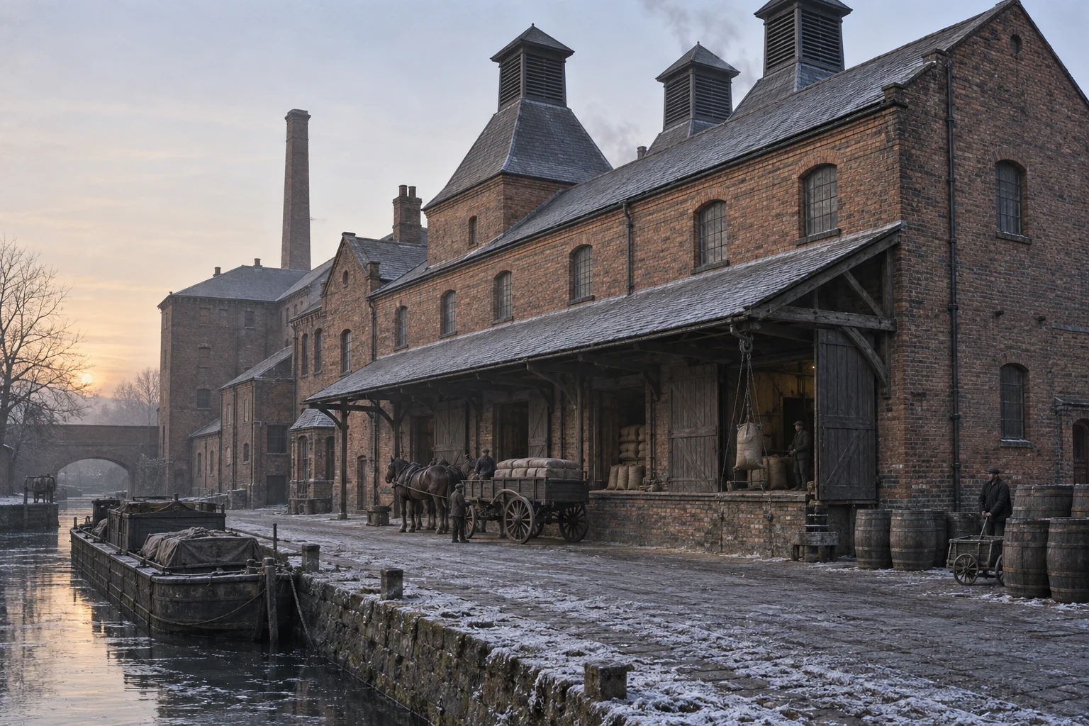 Breweries & Maltings, c. 1910; AI-generated historical interpretation set in Britain.