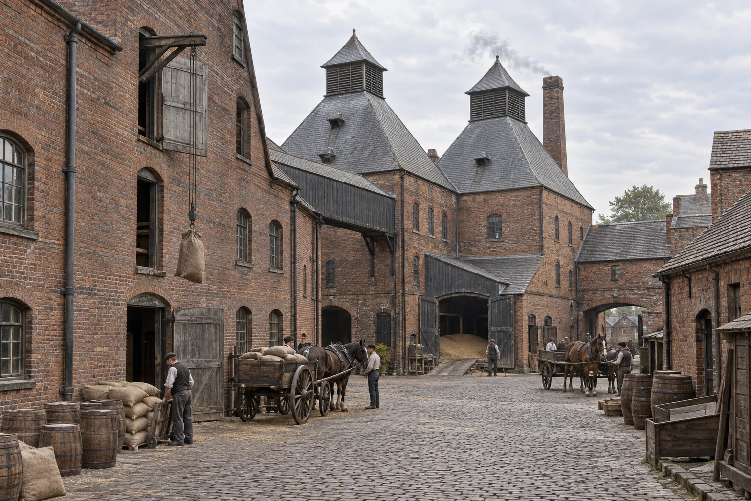 Breweries & Maltings, c. 1883; AI-generated historical interpretation set in Britain.