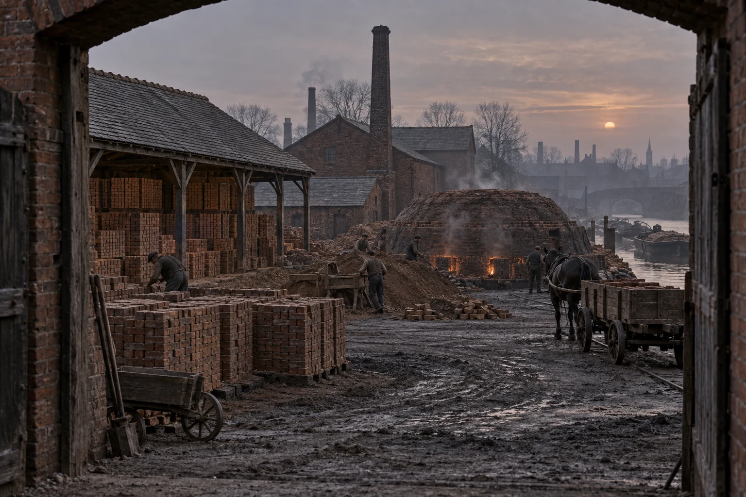 Brickworks, c. 1886; AI-generated historical interpretation set in Britain.