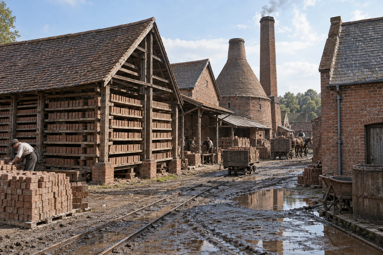 Brickworks, c. 1910; AI-generated historical interpretation set in Britain.
