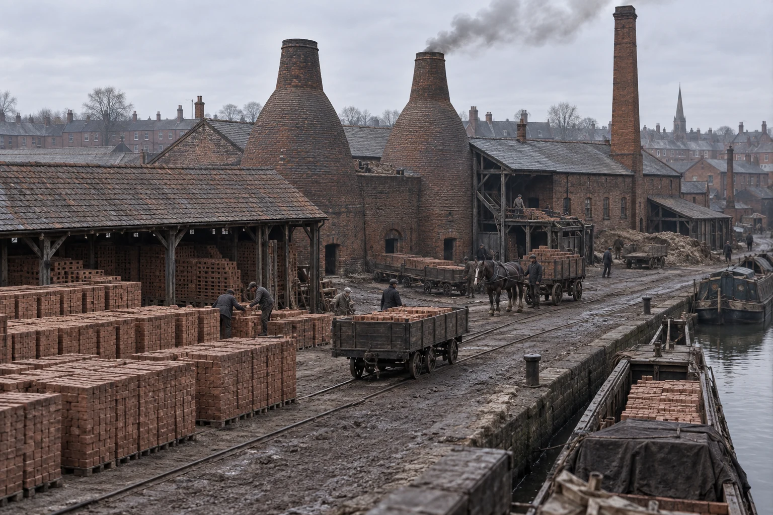 Brickworks, c. 1887; AI-generated historical interpretation set in Britain.