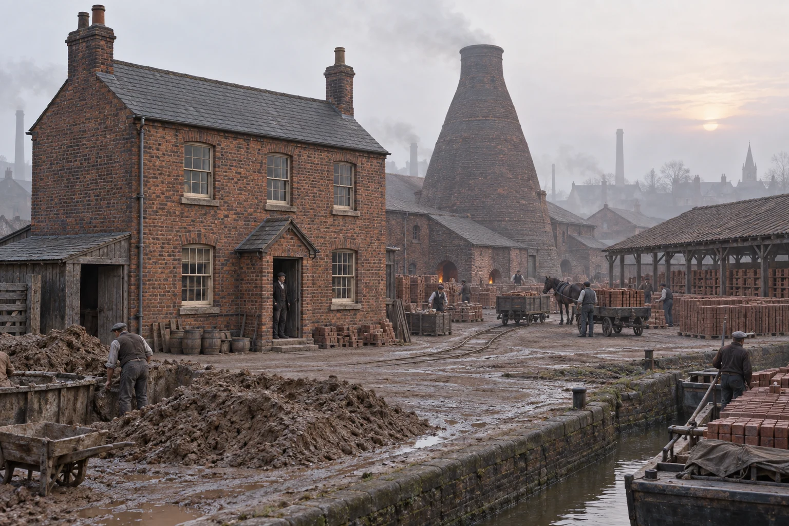 Brickworks, c. 1889; AI-generated historical interpretation set in Britain.