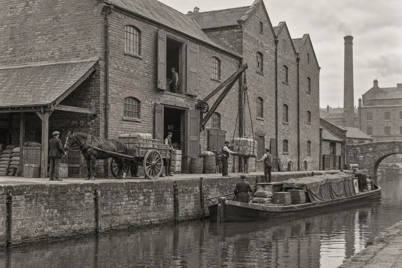 Canal Wharfs, c. 1892; AI-generated historical interpretation set in Britain.