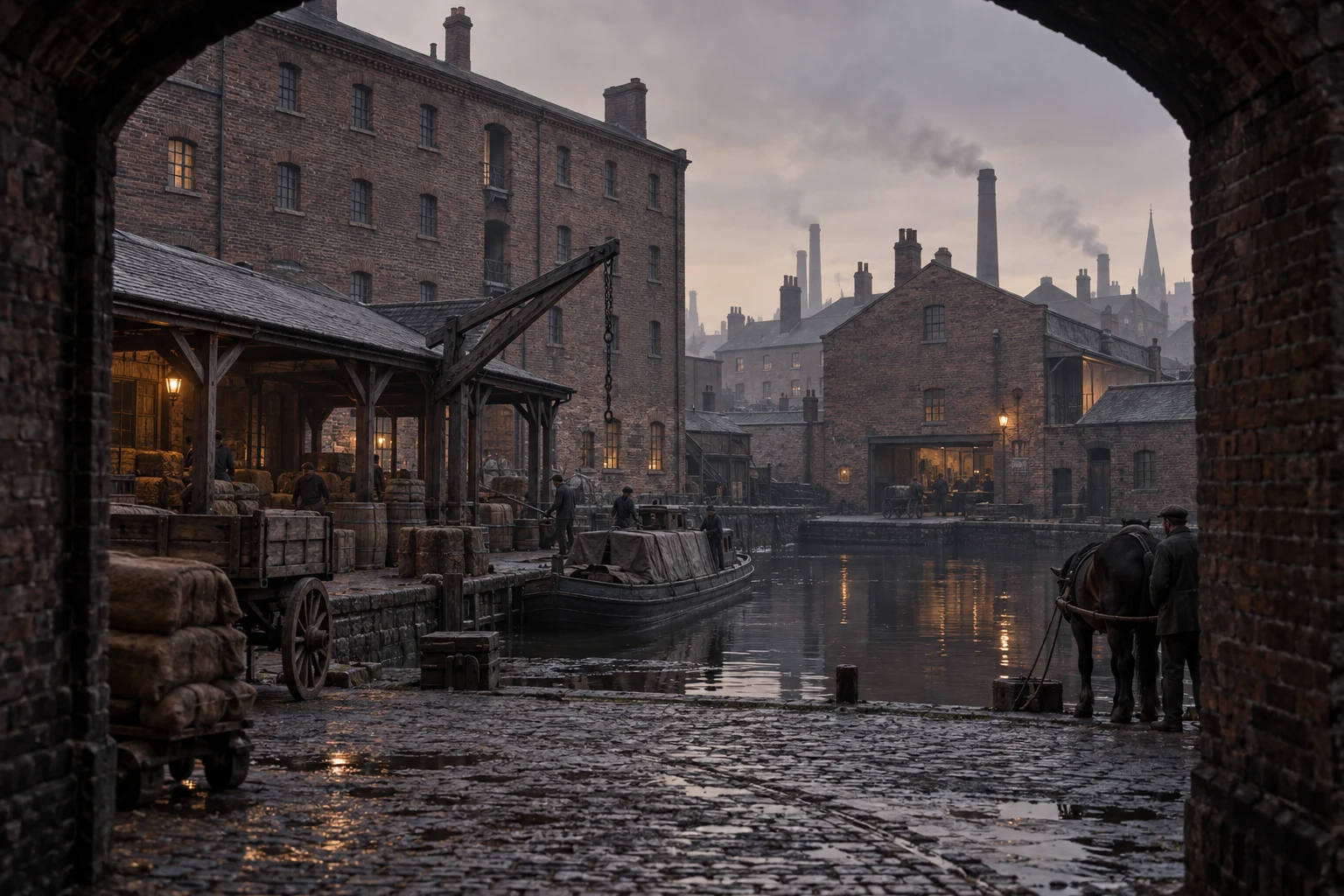 Canal Wharfs, c. 1883; AI-generated historical interpretation set in Britain.