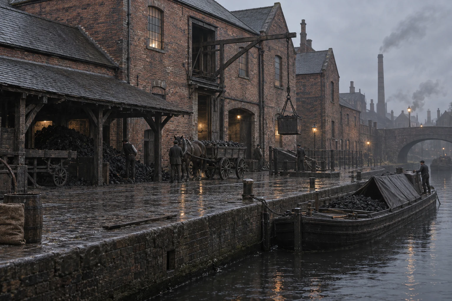 Canal Wharfs, c. 1901; AI-generated historical interpretation set in Britain.
