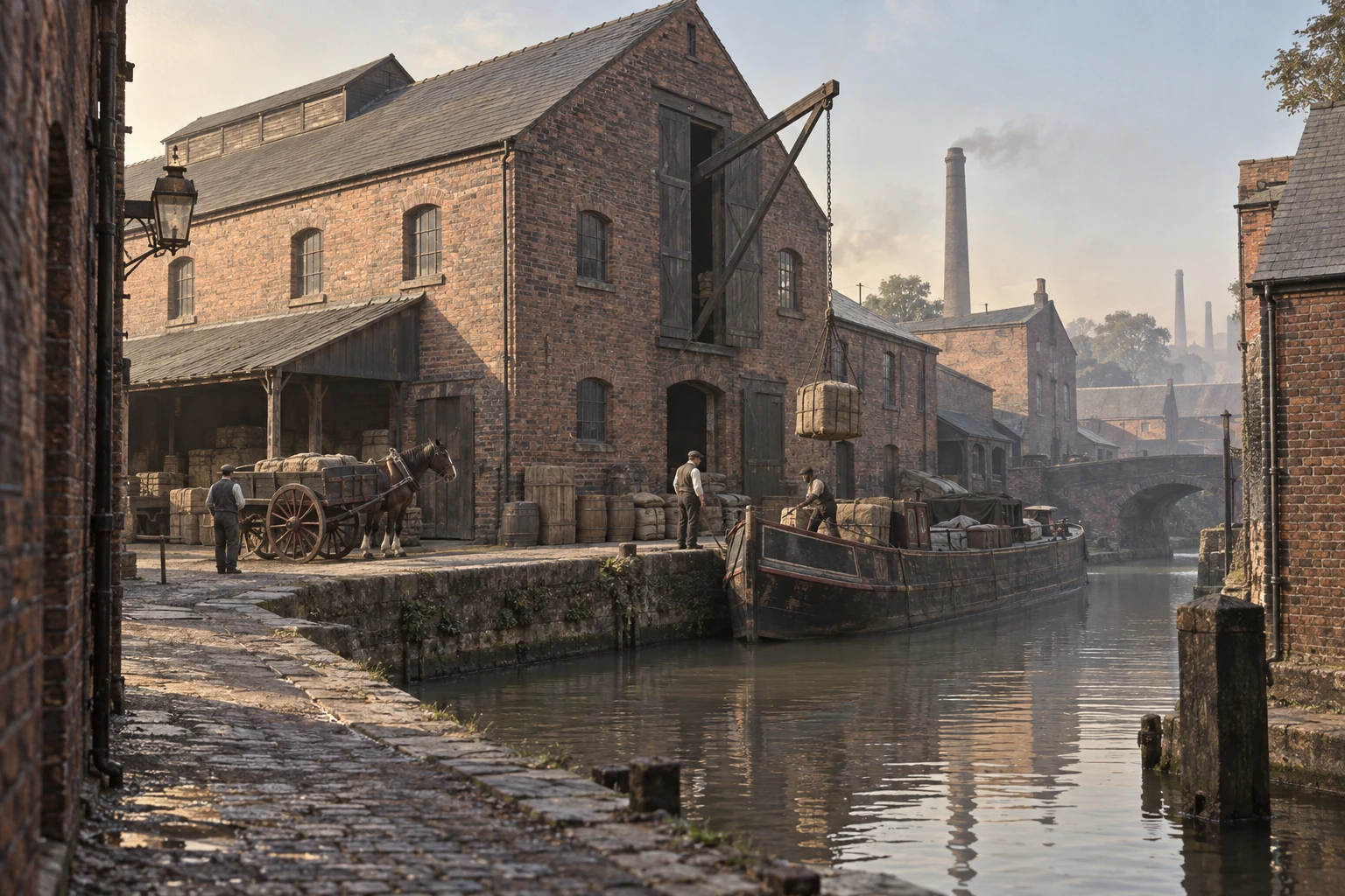 Canal Wharfs, c. 1902; AI-generated historical interpretation set in Britain.