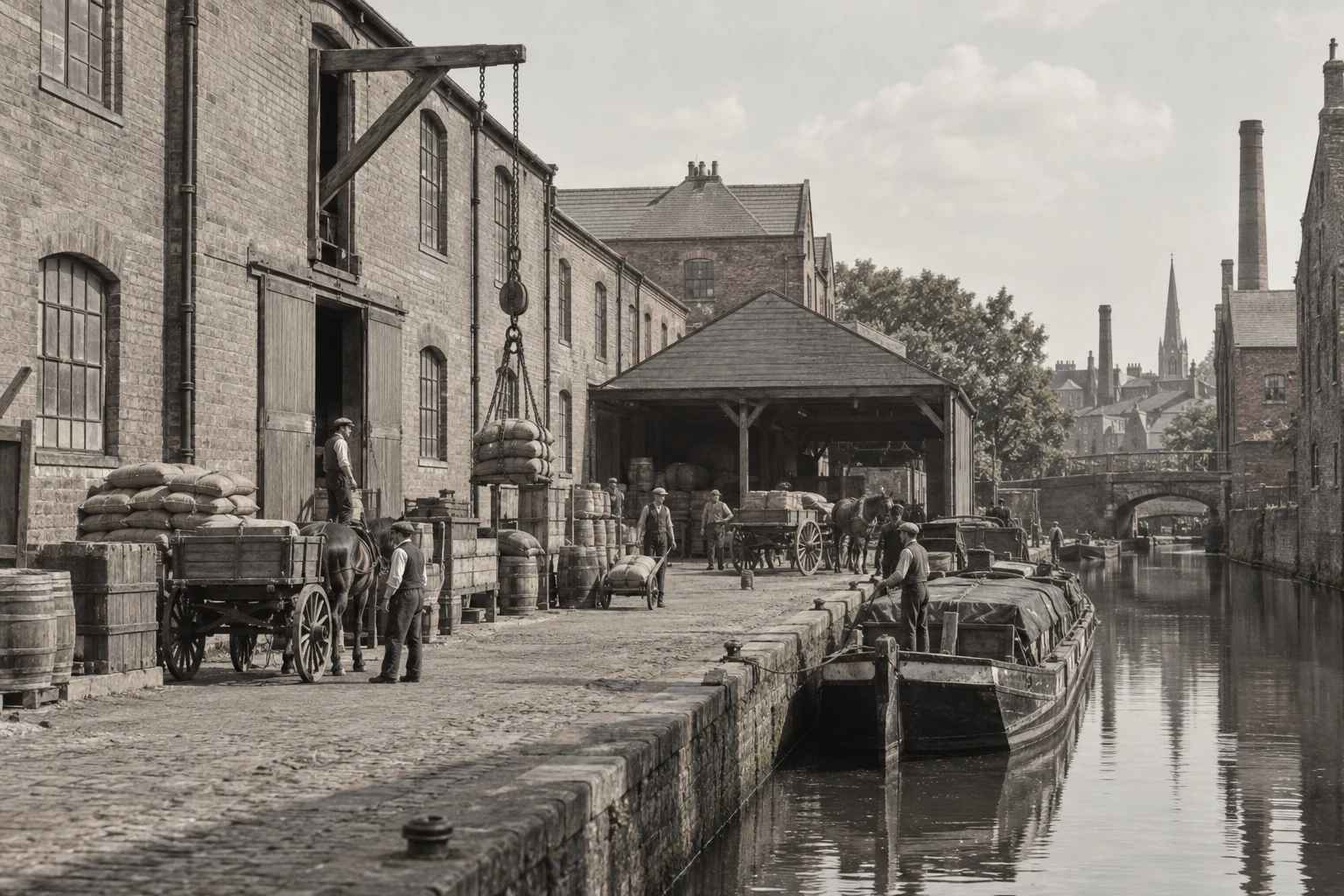 Canal Wharfs, c. 1904; AI-generated historical interpretation set in Britain.