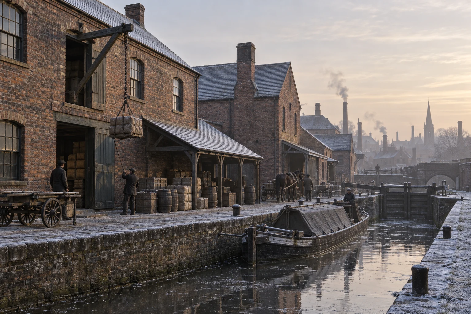 Canal Wharfs, c. 1895; AI-generated historical interpretation set in Britain.