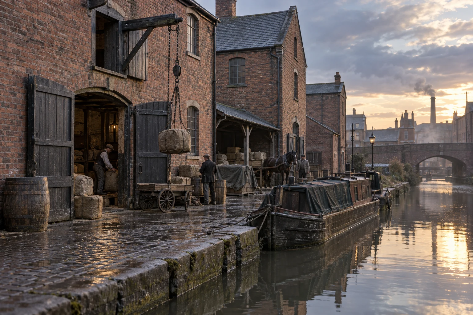 Canal Wharfs, c. 1902; AI-generated historical interpretation set in Britain.
