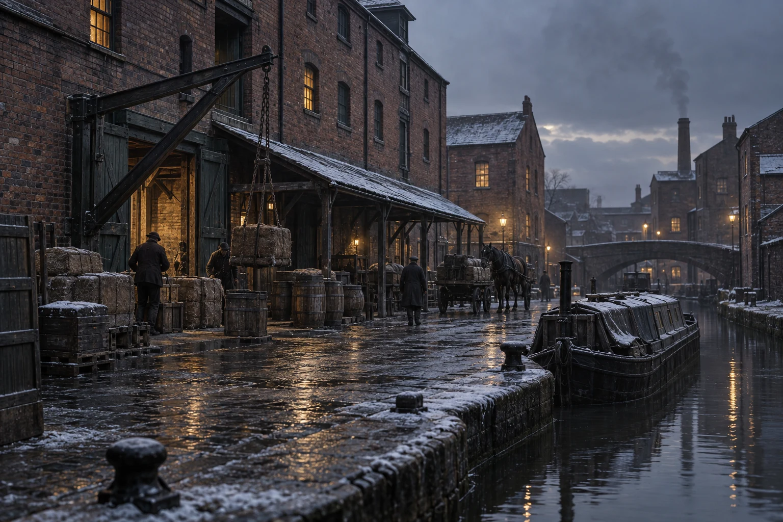 Canal Wharfs, c. 1907; AI-generated historical interpretation set in Britain.