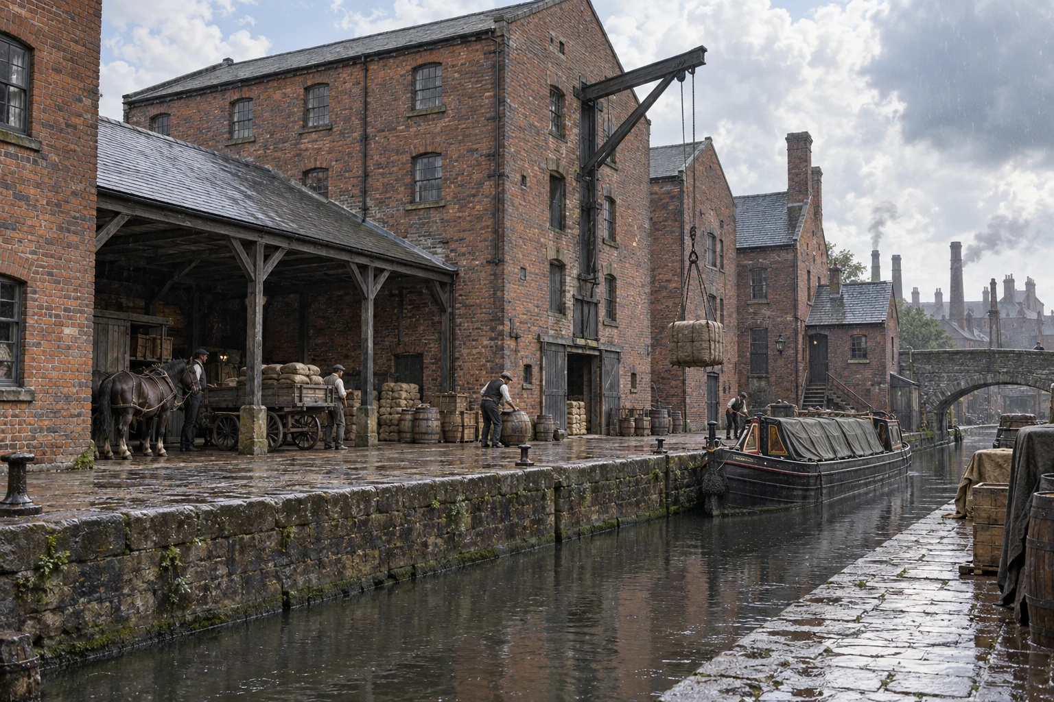 Canal Wharfs, c. 1897; AI-generated historical interpretation set in Britain.