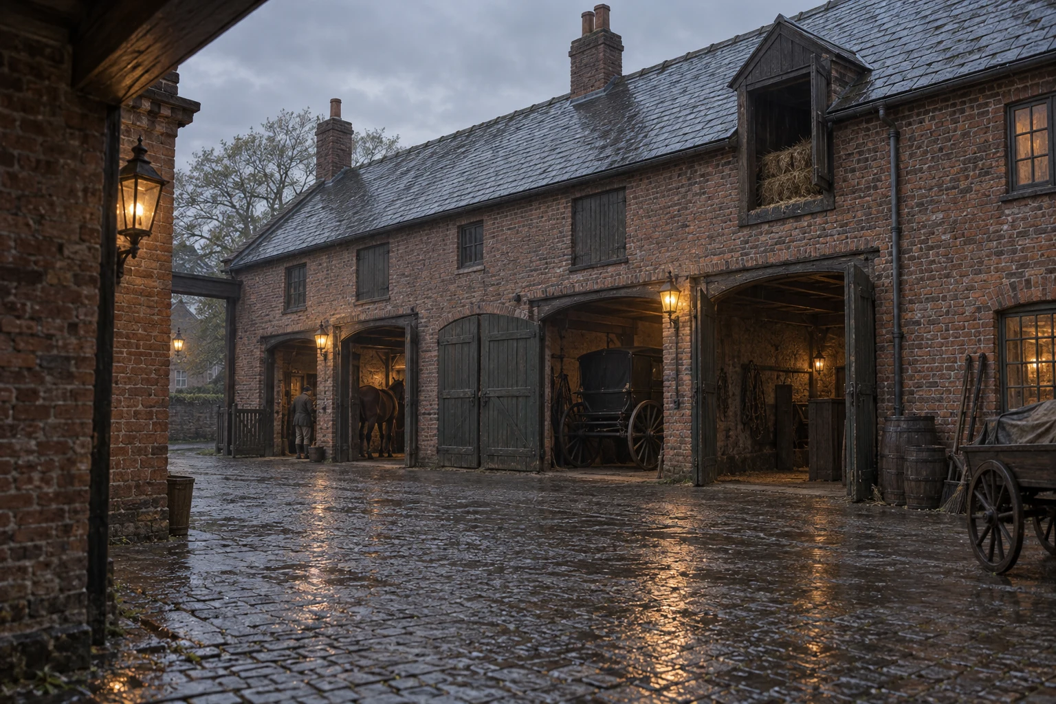 Coach Houses, c. 1900; AI-generated historical interpretation set in Britain.