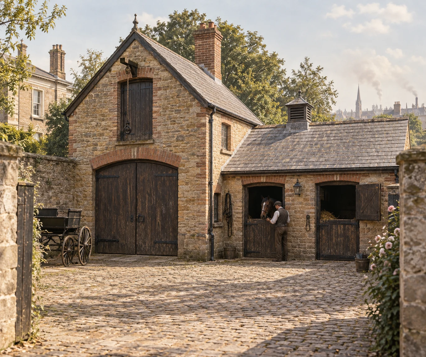 Coach Houses, c. 1886; AI-generated historical interpretation set in Britain.