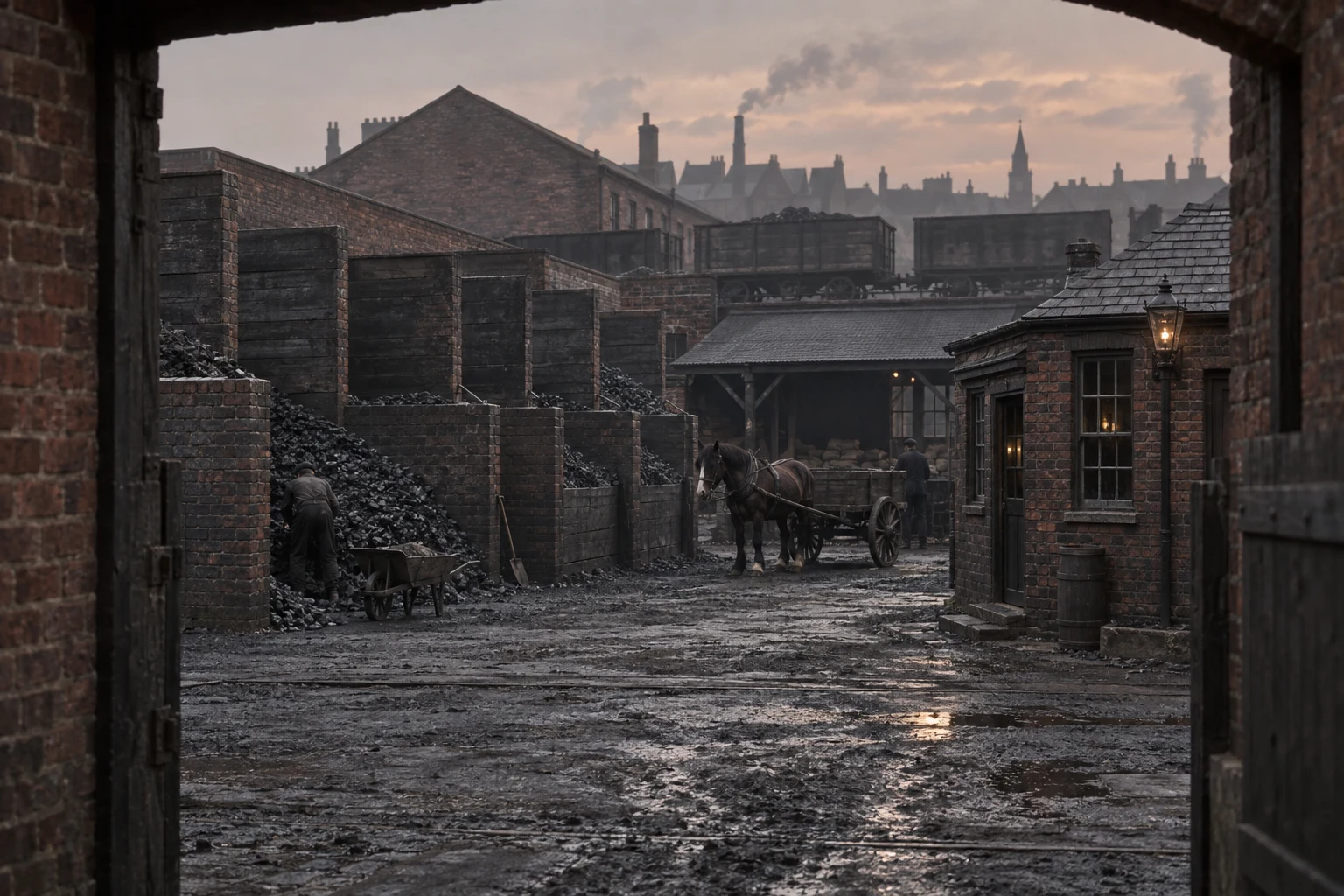 Coal Yards, c. 1908; AI-generated historical interpretation set in Britain.