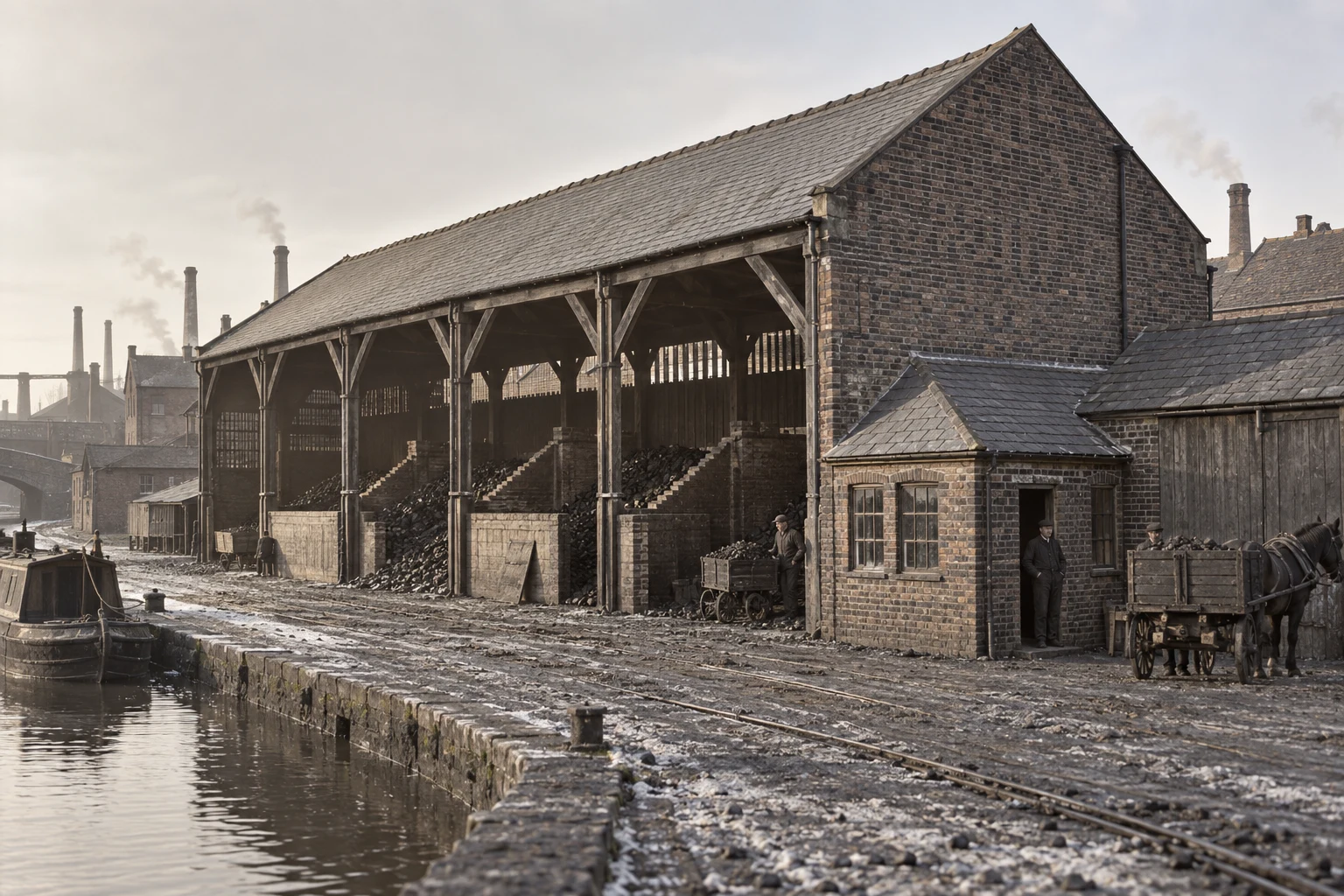 Coal Yards, c. 1889; AI-generated historical interpretation set in Britain.
