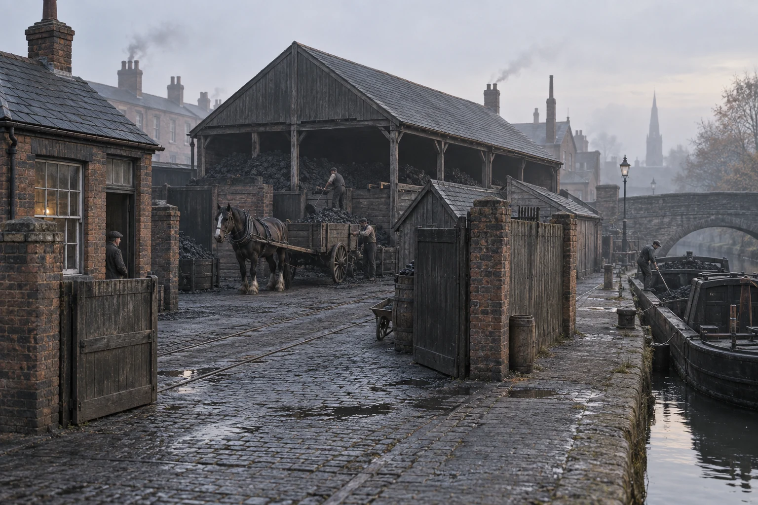 Coal Yards, c. 1906; AI-generated historical interpretation set in Britain.