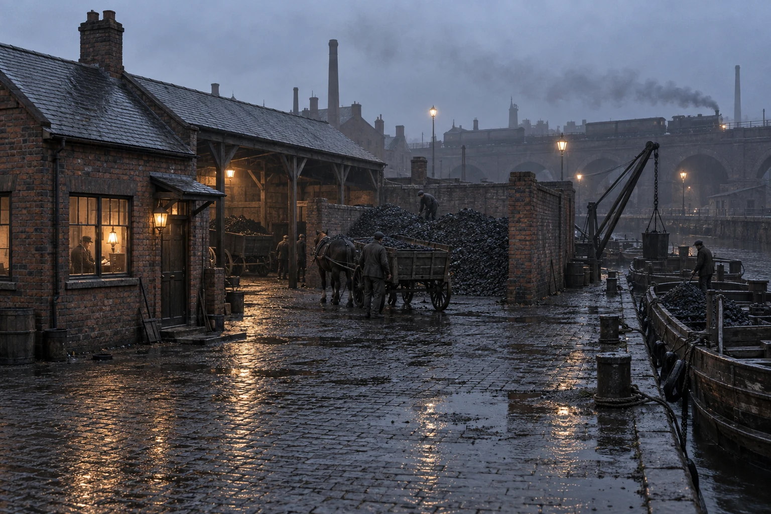 Coal Yards, c. 1888; AI-generated historical interpretation set in Britain.
