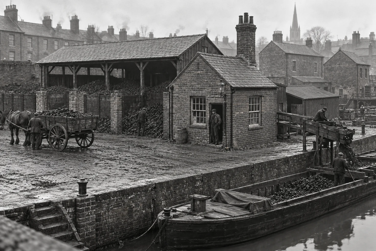 Coal Yards, c. 1889; AI-generated historical interpretation set in Britain.