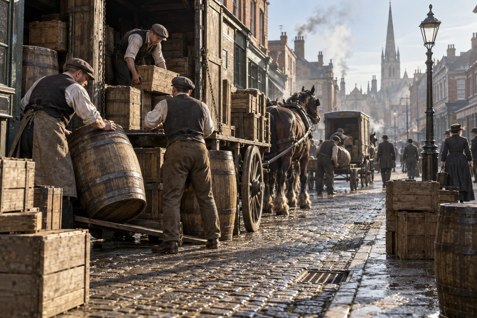 Commercial Streets, c. 1900; AI-generated historical interpretation set in Britain.