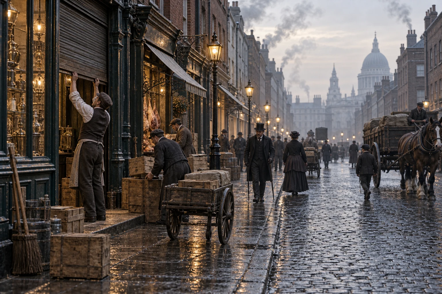 Commercial Streets, c. 1888; AI-generated historical interpretation set in Britain.