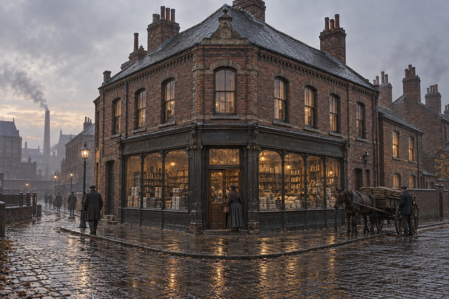 Corner Buildings, c. 1892; AI-generated historical interpretation set in Britain.