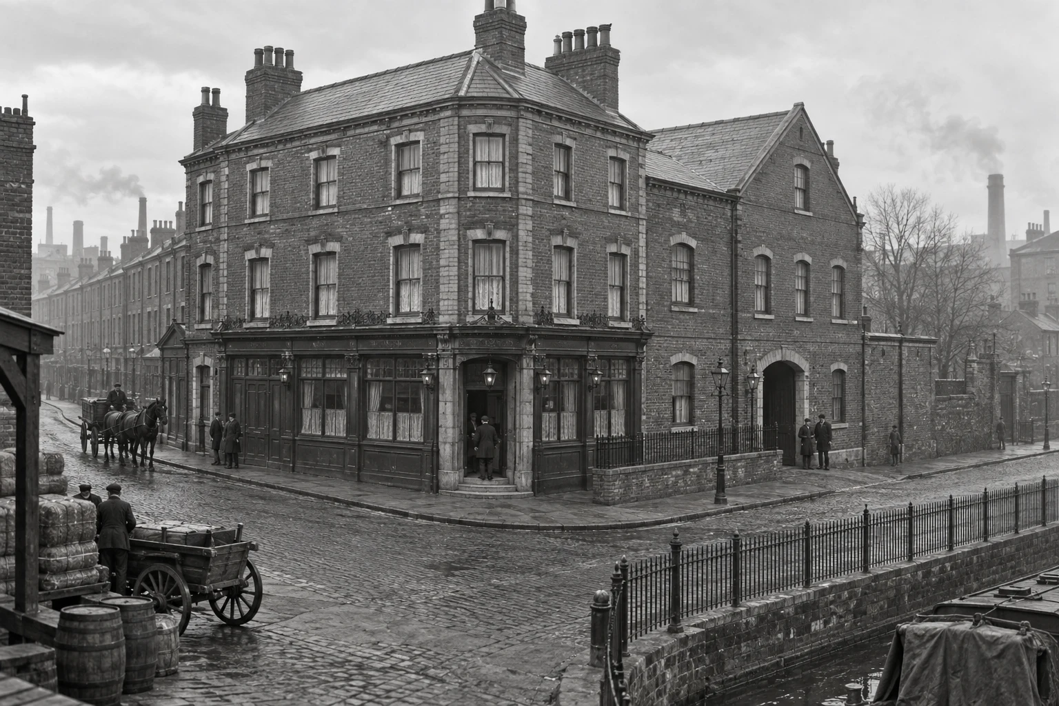 Corner Buildings, c. 1897; AI-generated historical interpretation set in Britain.