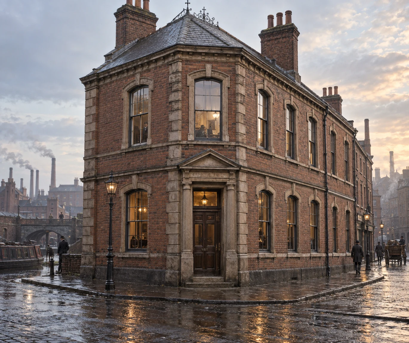 Corner Buildings, c. 1903; AI-generated historical interpretation set in Britain.