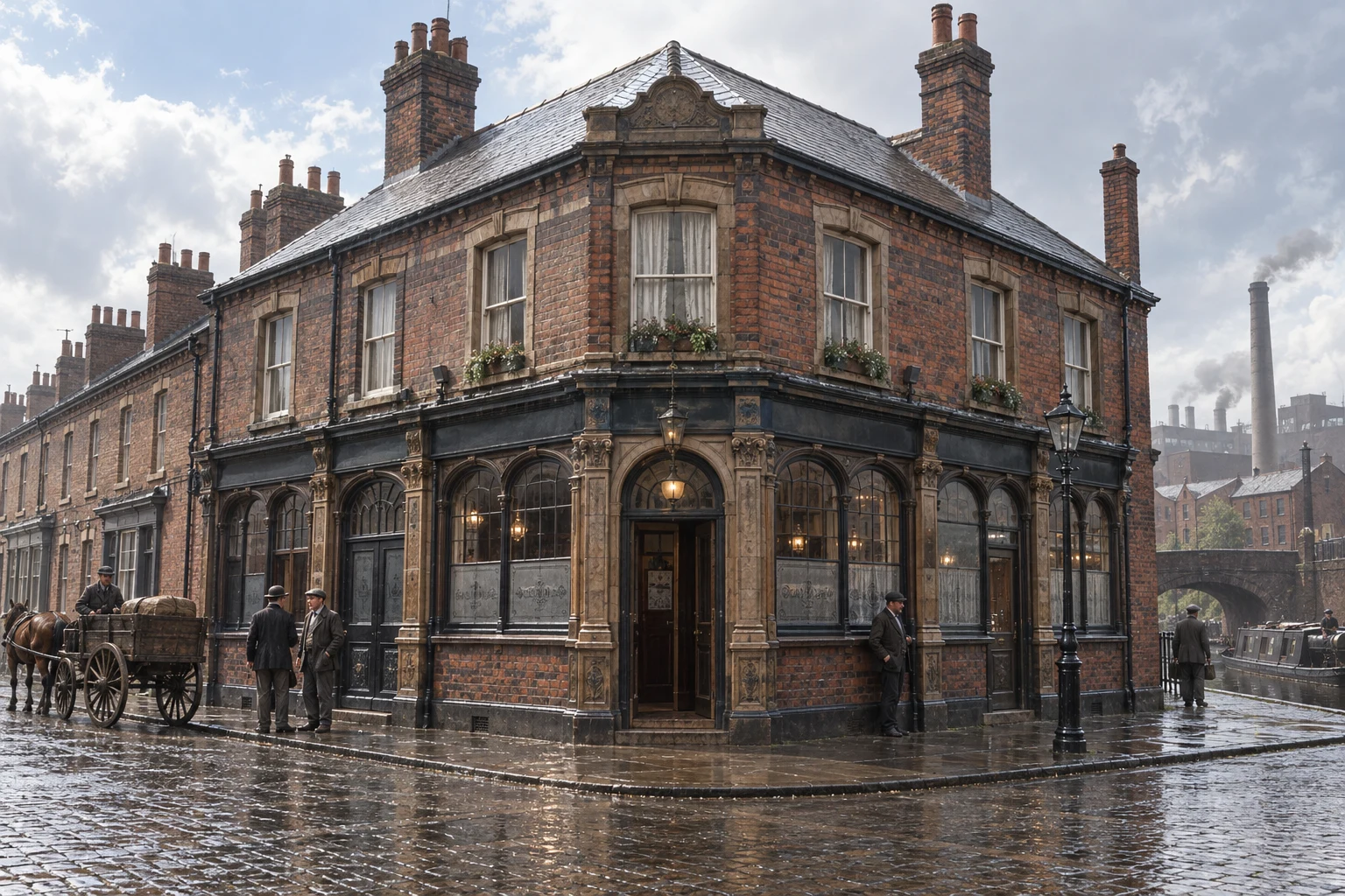 Corner Buildings, c. 1907; AI-generated historical interpretation set in Britain.