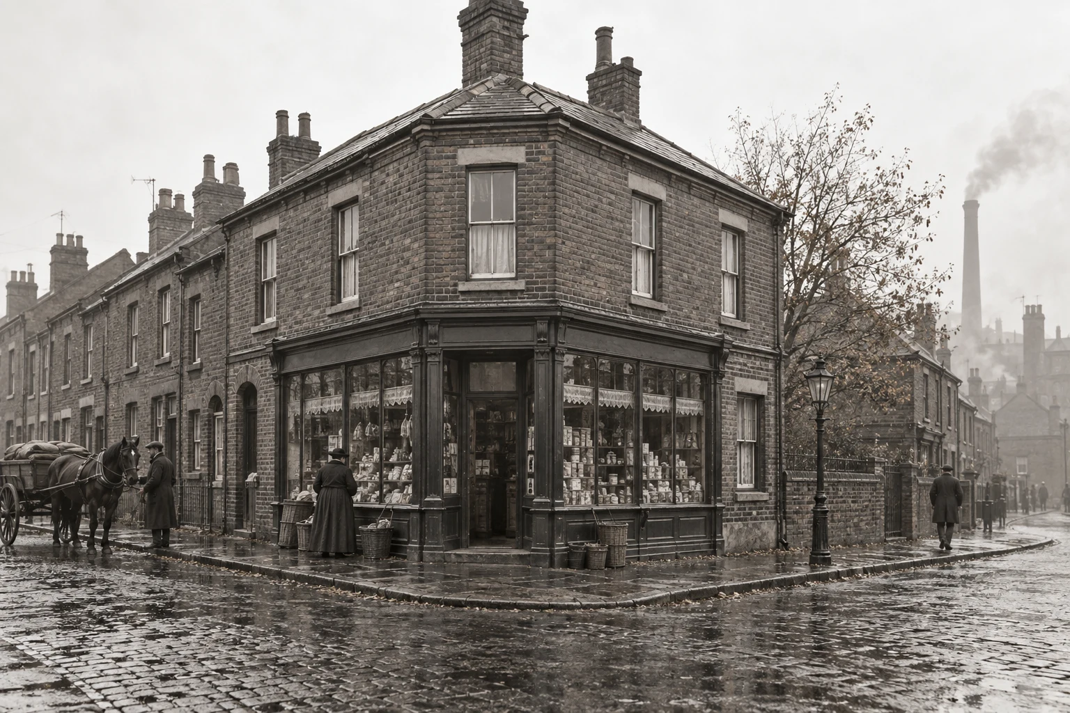 Corner Buildings, c. 1896; AI-generated historical interpretation set in Britain.