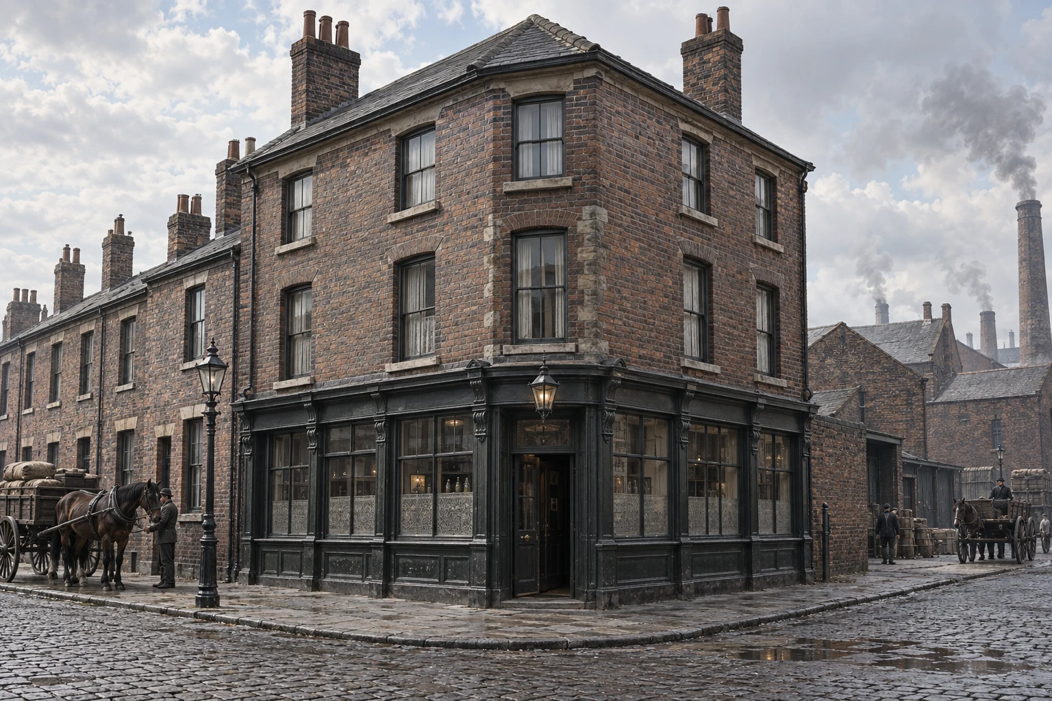 Corner Buildings, c. 1883; AI-generated historical interpretation set in Britain.