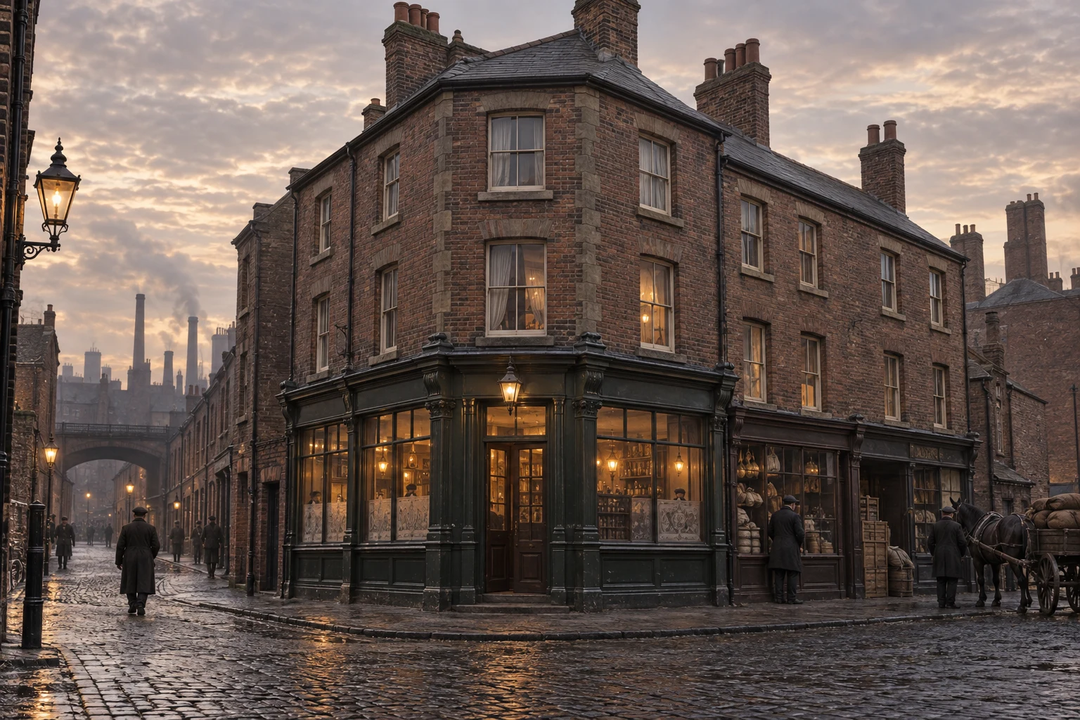 Corner Buildings, c. 1907; AI-generated historical interpretation set in Britain.
