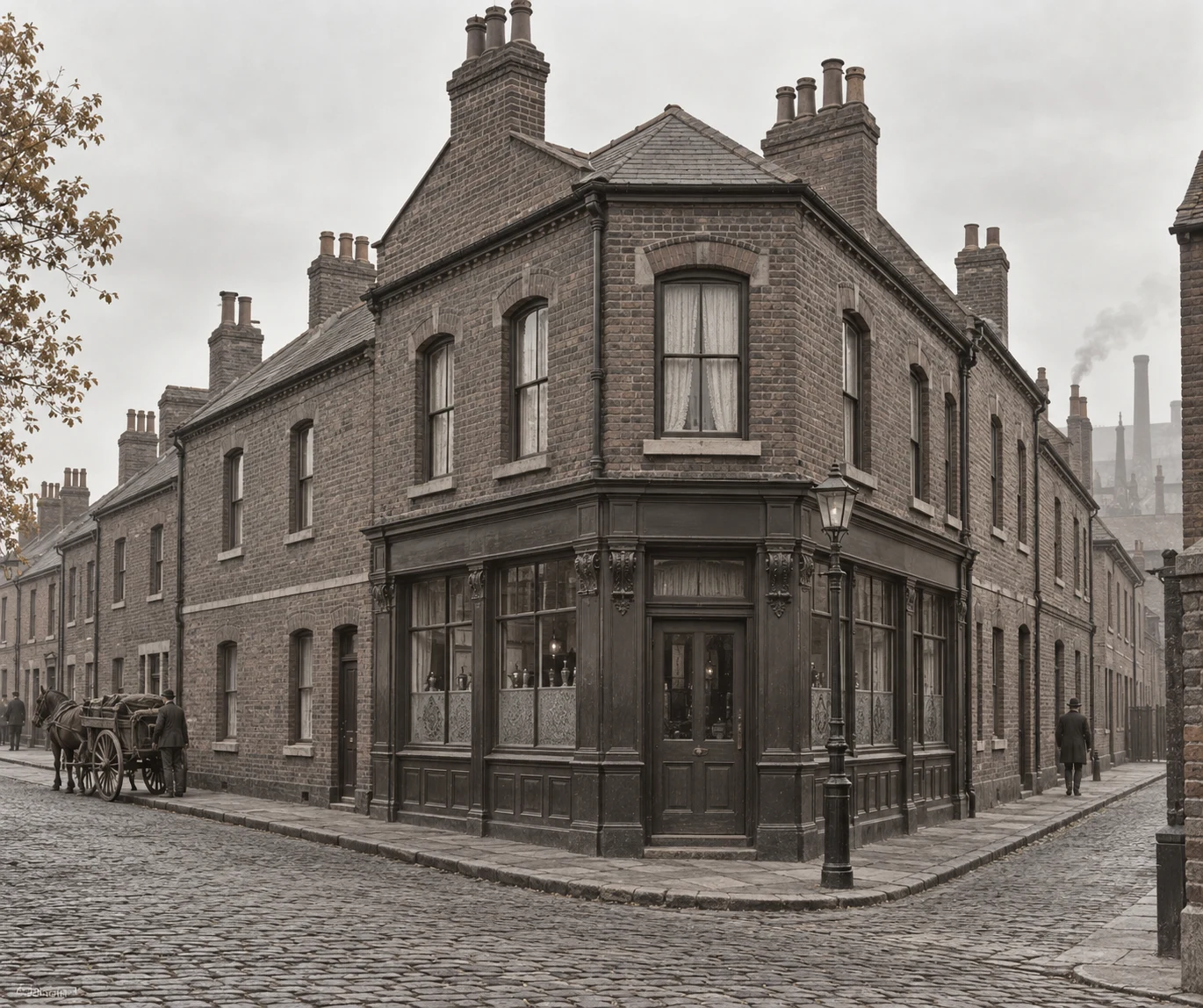 Corner Buildings, c. 1889; AI-generated historical interpretation set in Britain.