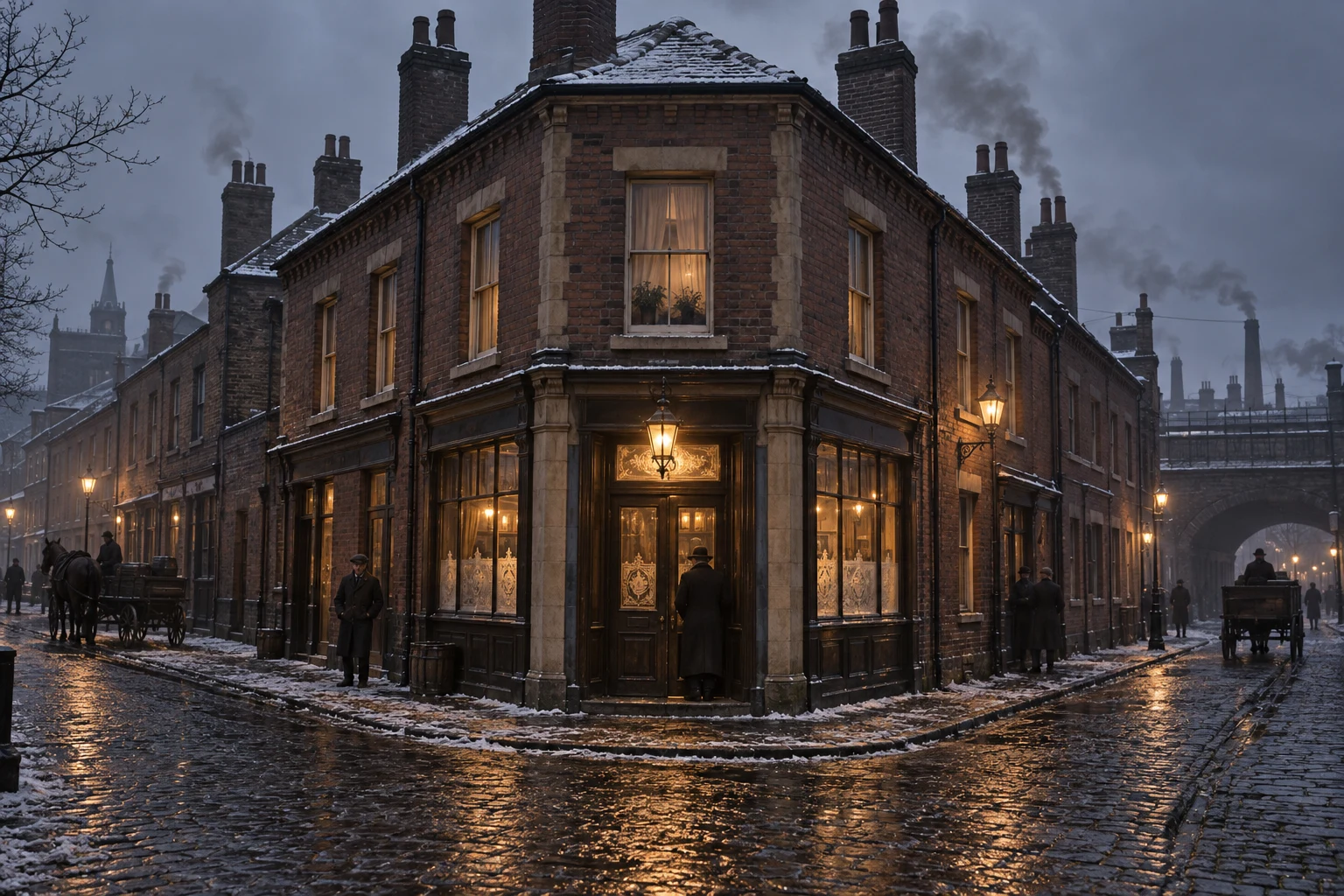 Corner Buildings, c. 1888; AI-generated historical interpretation set in Britain.