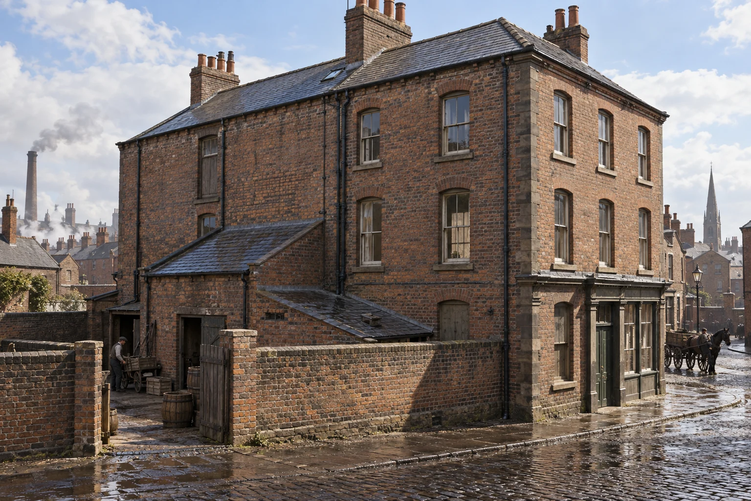 Corner Buildings, c. 1897; AI-generated historical interpretation set in Britain.