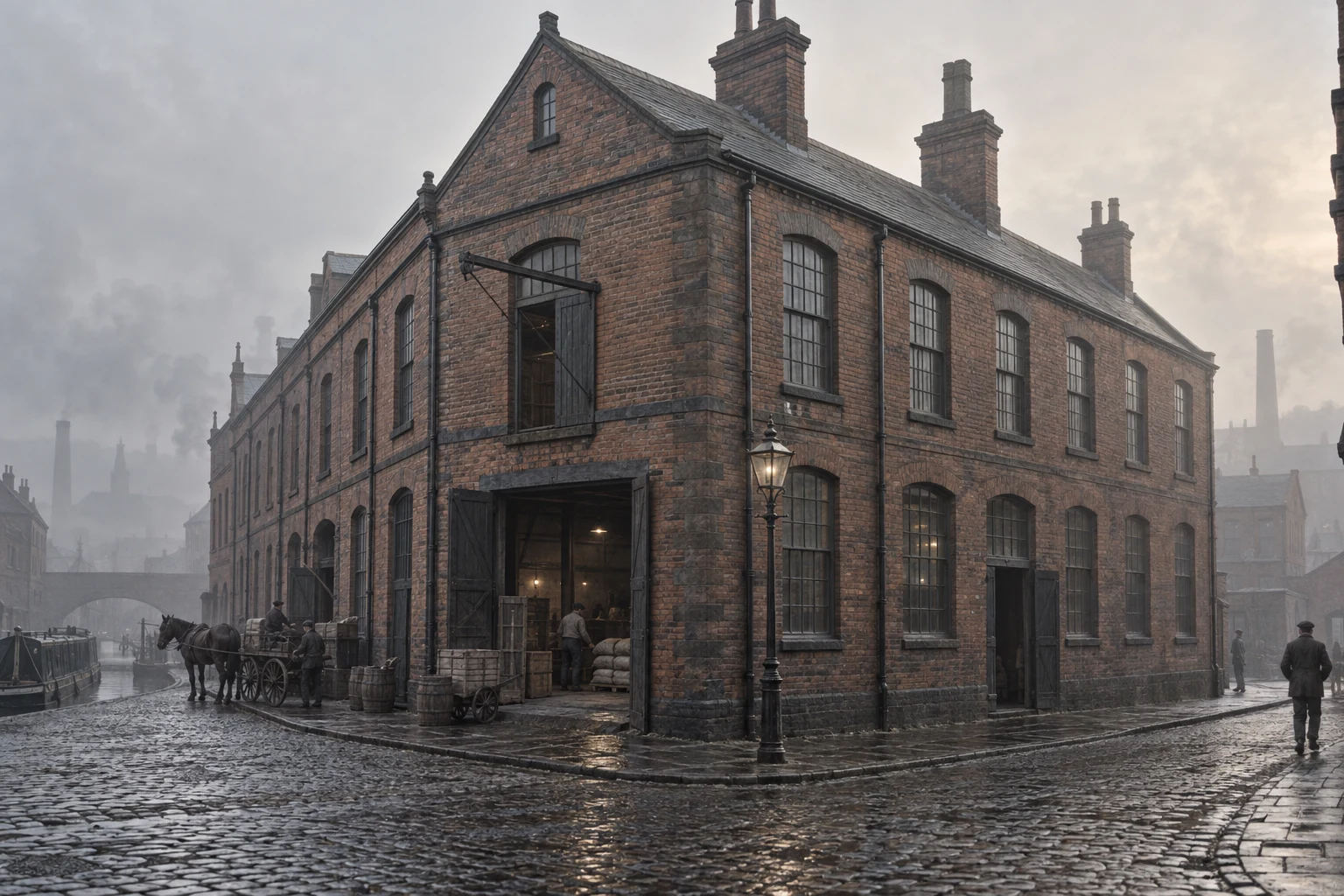 Corner Buildings, c. 1908; AI-generated historical interpretation set in Britain.