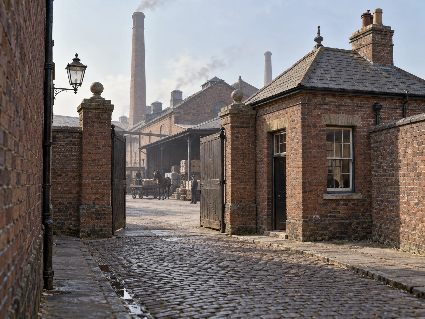 Factory Gates & Entrances, c. 1899; AI-generated historical interpretation set in Britain.