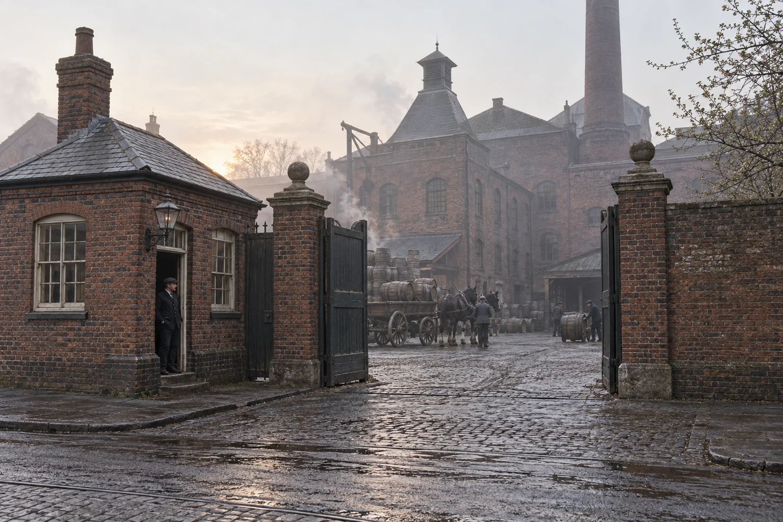 Factory Gates & Entrances, c. 1907; AI-generated historical interpretation set in Britain.
