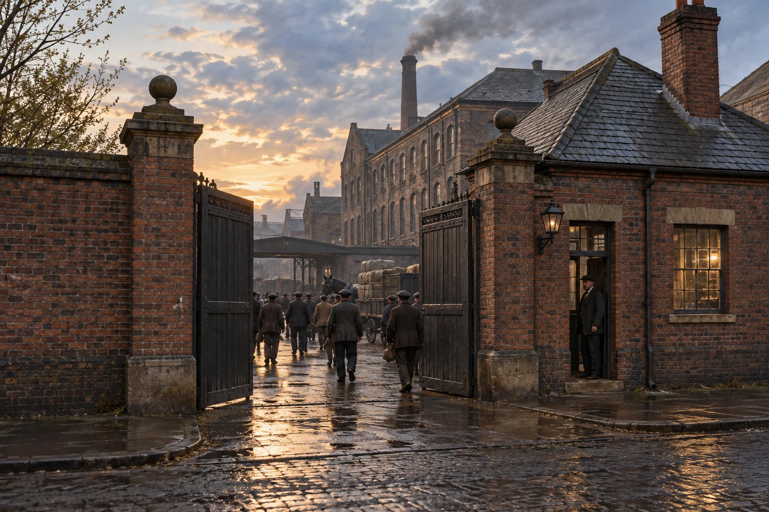 Factory Gates & Entrances, c. 1902; AI-generated historical interpretation set in Britain.