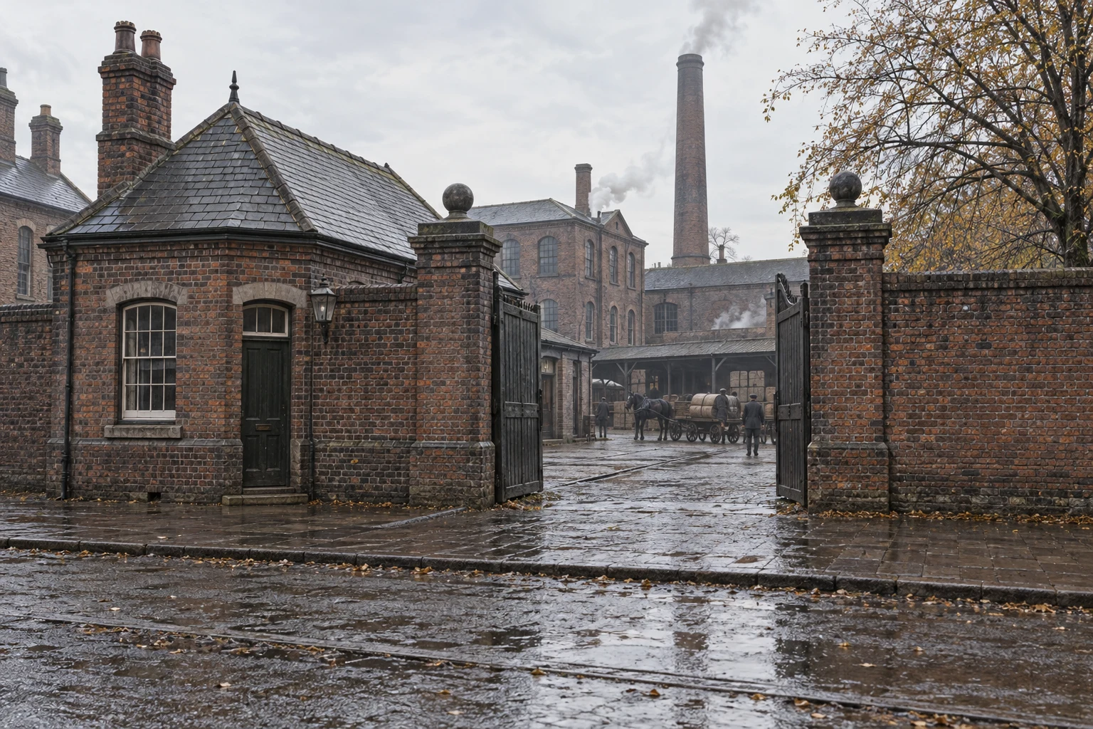 Factory Gates & Entrances, c. 1889; AI-generated historical interpretation set in Britain.