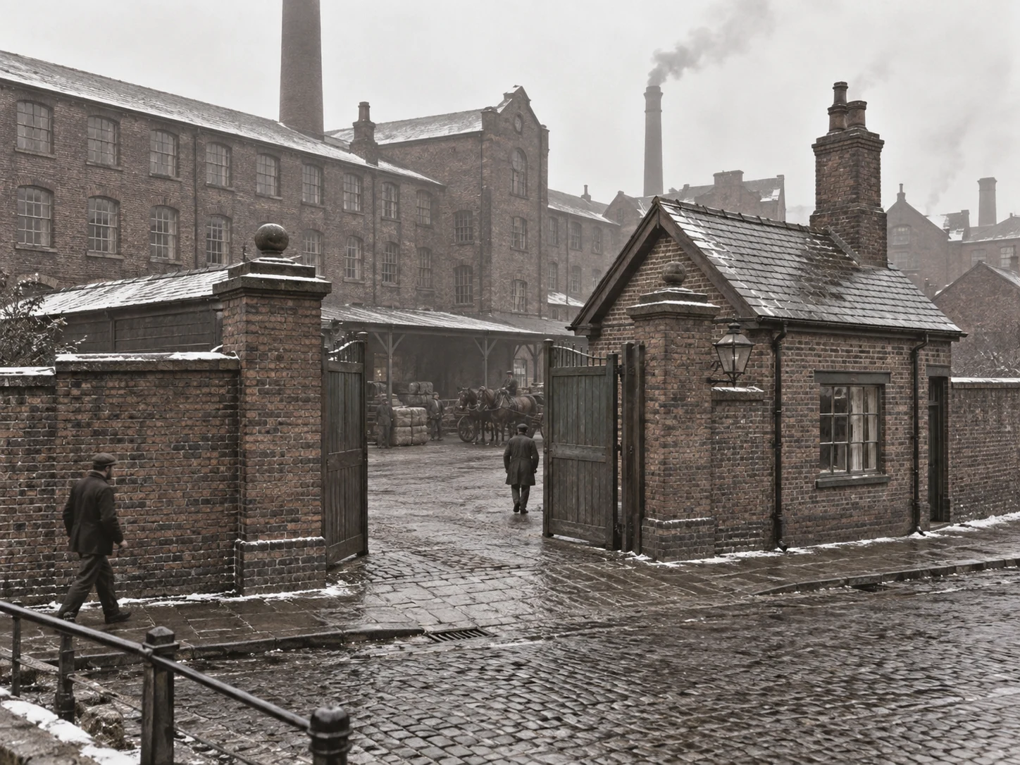 Factory Gates & Entrances, c. 1896; AI-generated historical interpretation set in Britain.