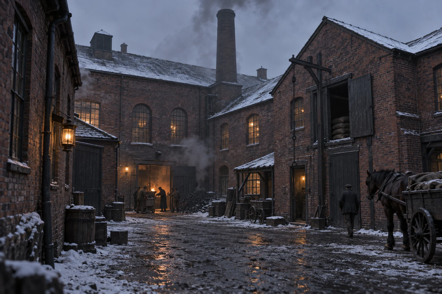 Factory Yards, c. 1890; AI-generated historical interpretation set in Britain.