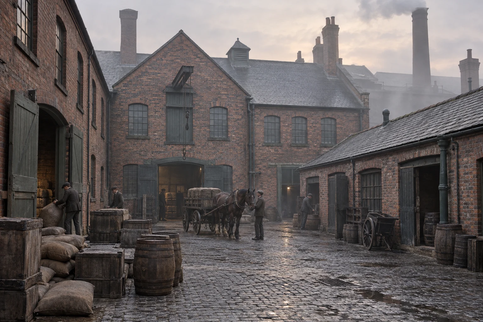 Factory Yards, c. 1894; AI-generated historical interpretation set in Britain.