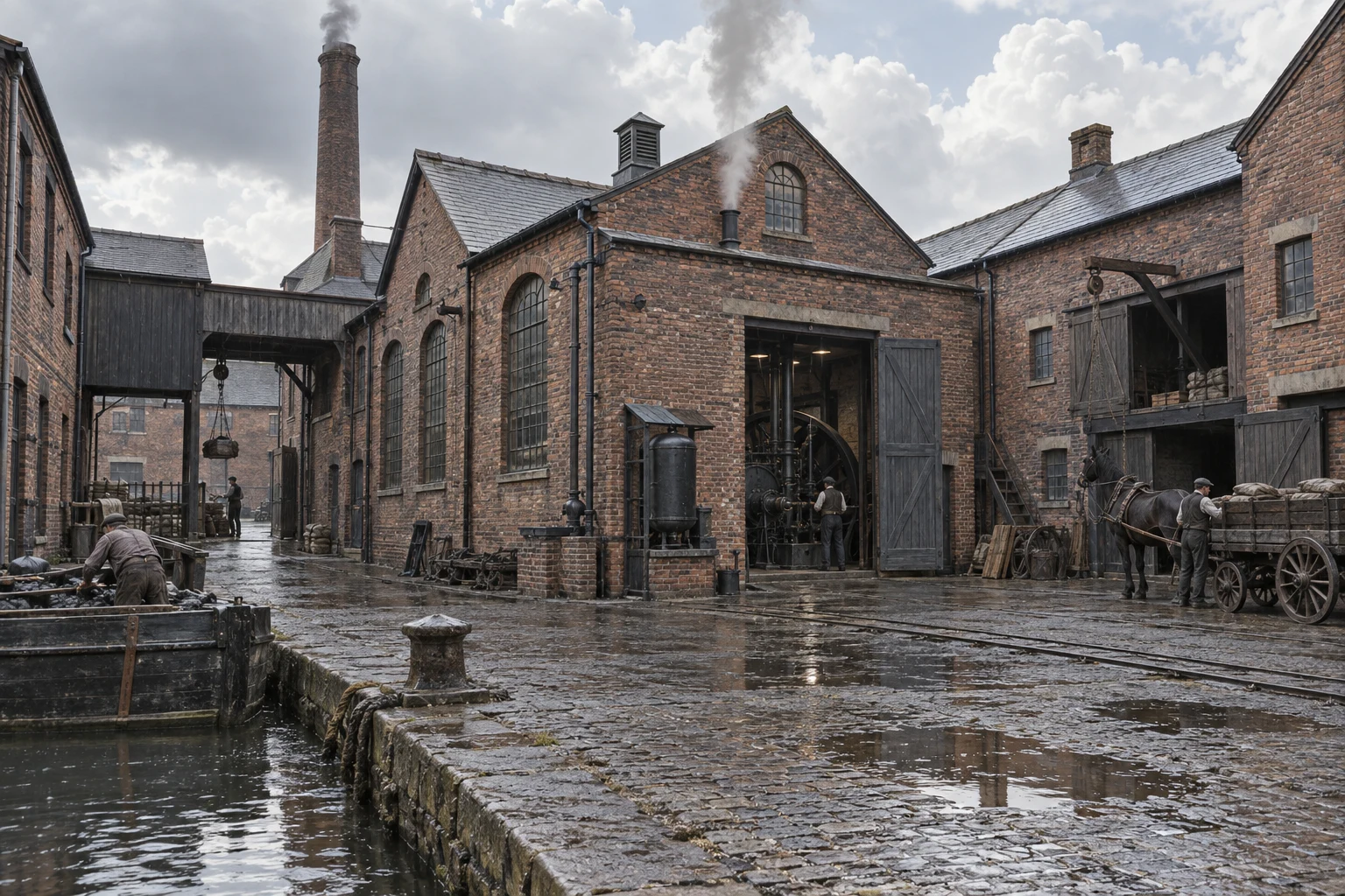 Factory Yards, c. 1898; AI-generated historical interpretation set in Britain.