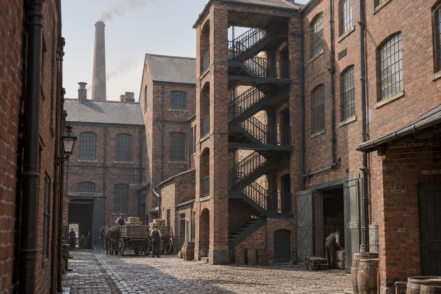 Factory Yards, c. 1900; AI-generated historical interpretation set in Britain.