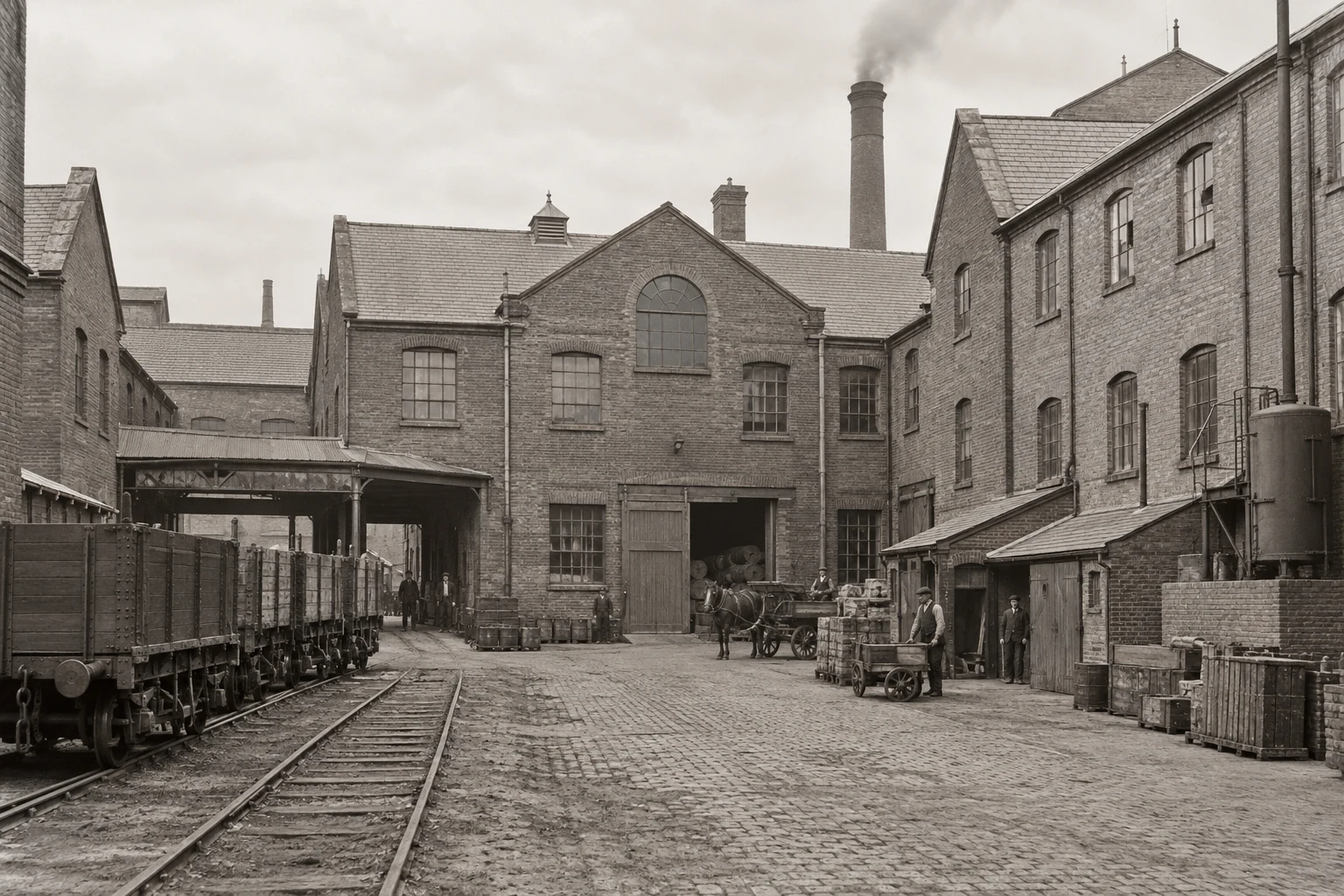 Factory Yards, c. 1907; AI-generated historical interpretation set in Britain.