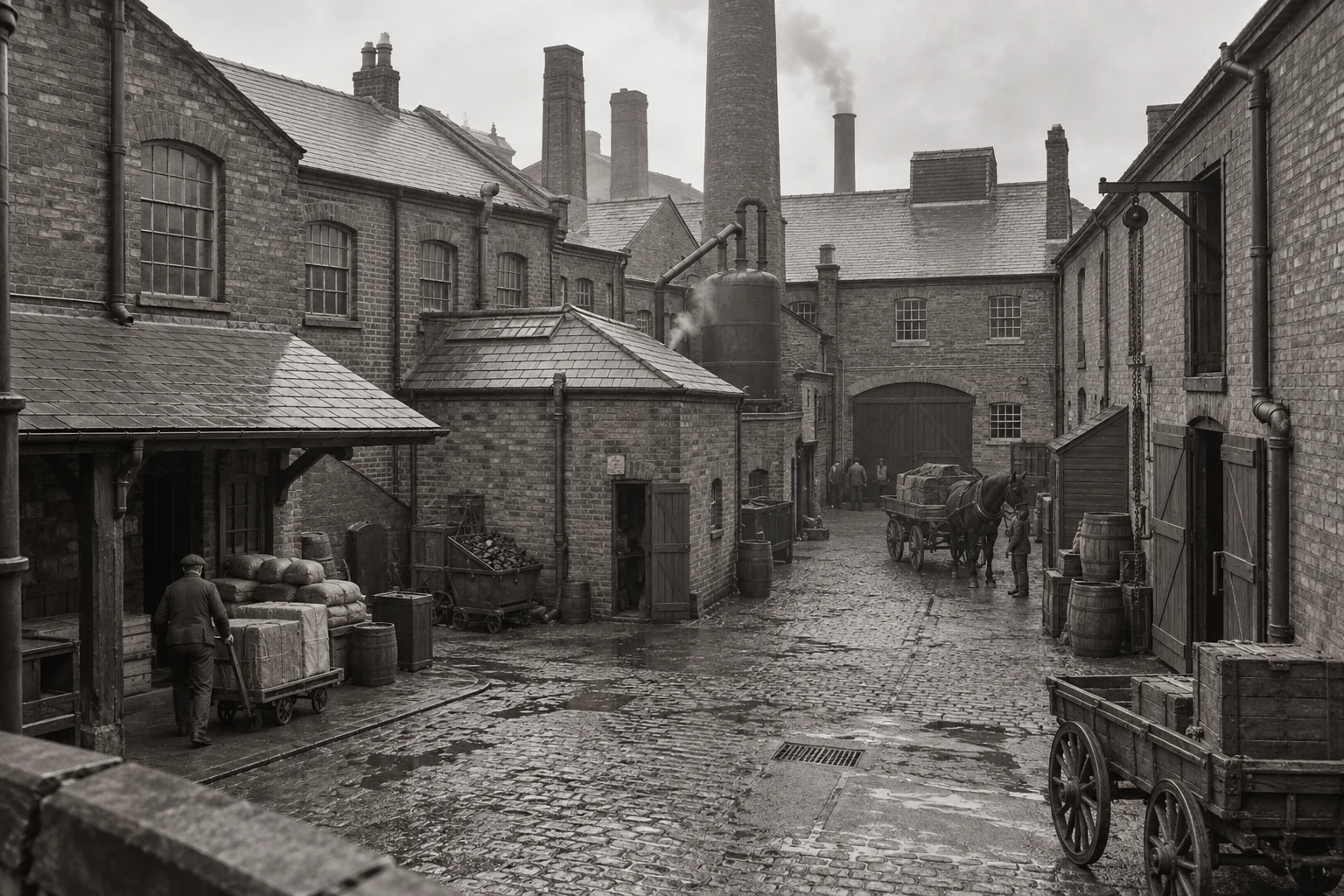 Factory Yards, c. 1904; AI-generated historical interpretation set in Britain.